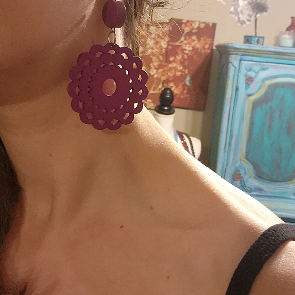 Large Fuschia Colored Wooden Earrings - Picture 3 of 3